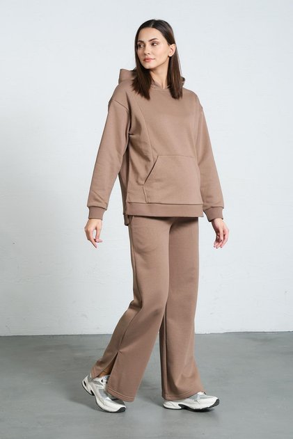 Maternity Stretchy Abdominal Band Adjustable Waist Hooded Nursing Details Wide Leg Sweatpants Set