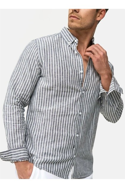 Erkek Gömlek Slim Fit Pamuk Keten Yaka Düğmeli Çizigili Lacivert