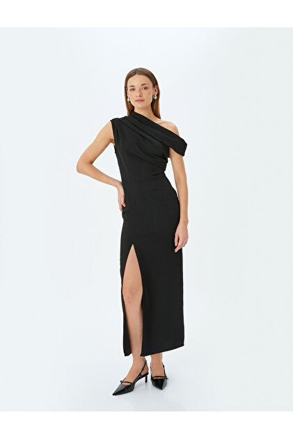 Koton Asymmetrical One Shoulder Long Pencil Dress with Slit Detail- Trendyol