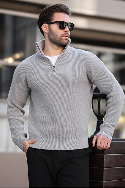 Madmext Gray Zipper Collar Knitwear Men's Sweater E7295- Trendyol