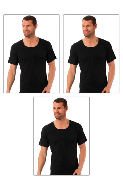 Özkan 0115 3-Pack Men's 100% Cotton Rib Fabric Stretchy Comfortable Wide Collar Short Sleeve Undershirt Undershirt