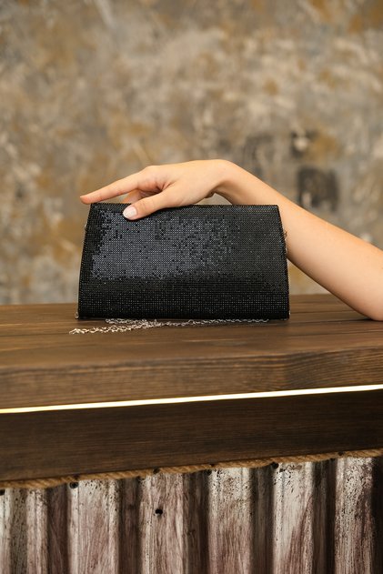 Women's Black Mini Stone Chain Strap Evening Bag