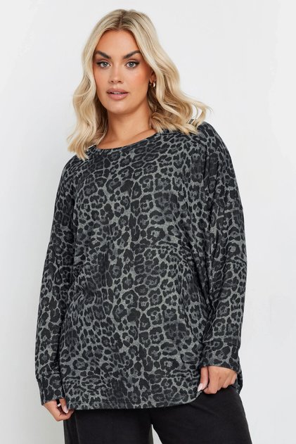 Plus Size Crew Neck Long Sleeve Leopard Print Blouse 322186