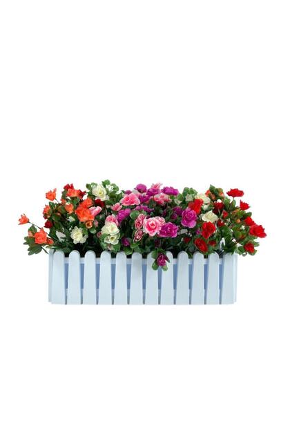Yapay Çiçek Beyaz Çit Balkon Saksısı Renkli Açelya Çiçekli 55*20cm