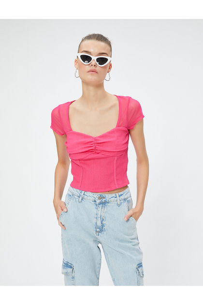 See-Through Detailed Heart Neckcrop T-Shirt