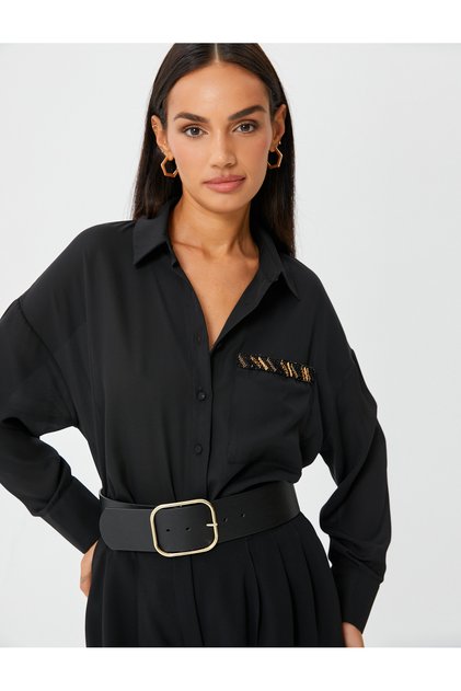 Long Sleeve Shirt Buttoned with Embroidery Pocket Detail