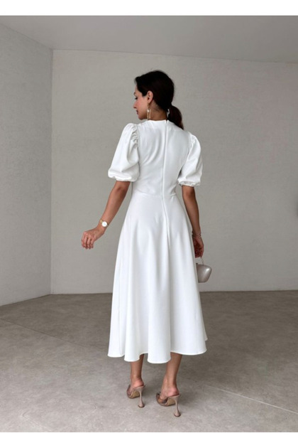white balloon sleeve gathered skirt midi shirt dress White 100% Cotton Button-Down Midi Shirt Dress 42" / Regular (5'2"