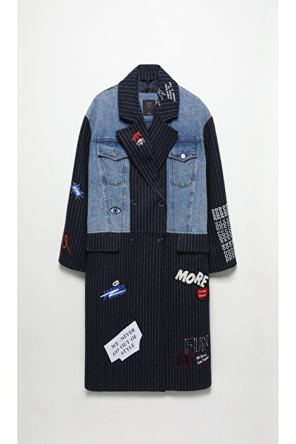 Navy blue long coat with embroidered denim detail