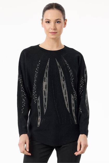 Black Knitwear Blouse - Sequined and Sausage Collar