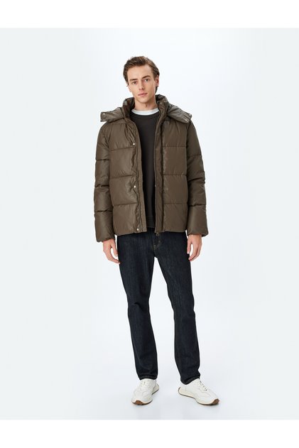 Slim Fit Hooded Faux Leather Puffer Jacket
