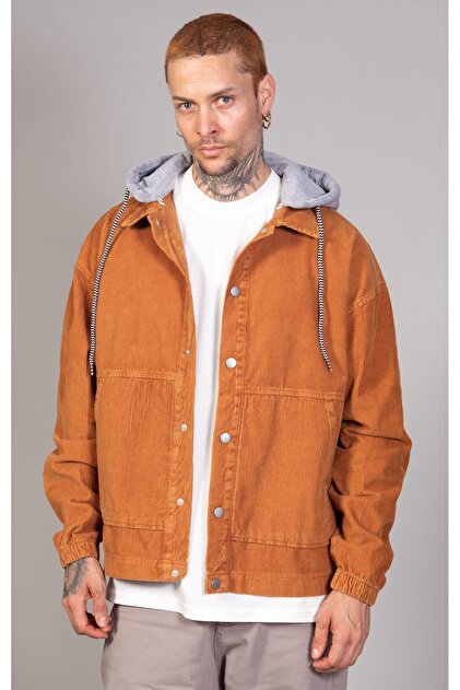 Men's Camel Removable Hooded Oversize Cotton Velvet Jacket