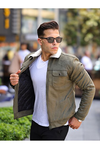 Zippered Suede Fur Khaki Men's Jacket