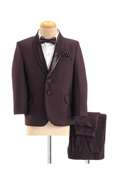 Woven Full Sleeves Three Piece Solid Colour Party Suit with Bow - Maroon