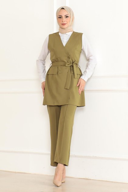 Belt Detailed Double Suit Khaki 19232