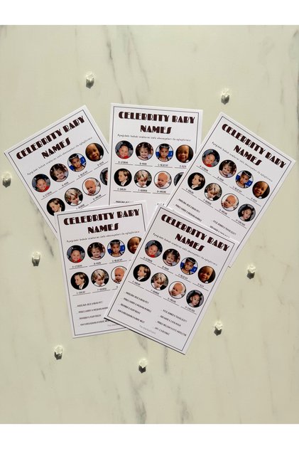 Set of 5 Baby Shower Play and Entertainment Question Cards - Celebrity Baby Names