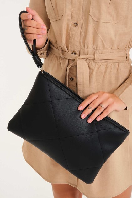 Women's Black Quilted Leather Clutch / Hand Bag / Portfolio (27*18cm)