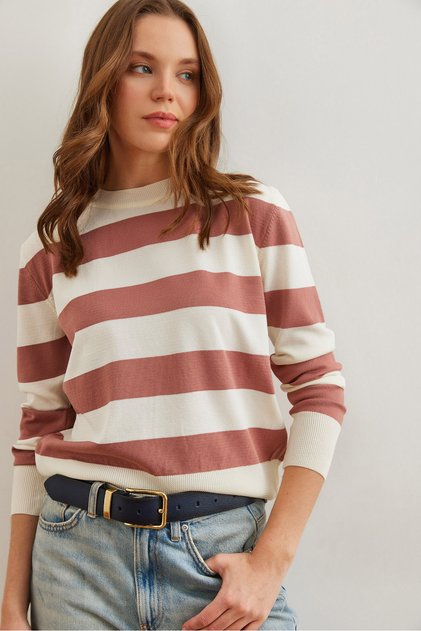 Women's Dusty Rose Crew Neck Striped Knitwear Sweater Kzk- 19000904