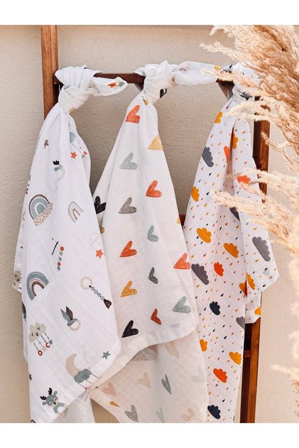 Organic 100% Cotton Multi-Purpose Baby Blanket Set of 3 90X90 cm Muslin Cloth Blanket