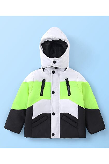 Full Sleeves Jacket with Detachable Hood & Colour Block Pattern - Blue White & Green