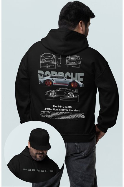 Oversize Gray Porsche 911 Gt3 Rs Back Printed Hooded Sweatshirt, Unisex Racing Car Themed Hoodie