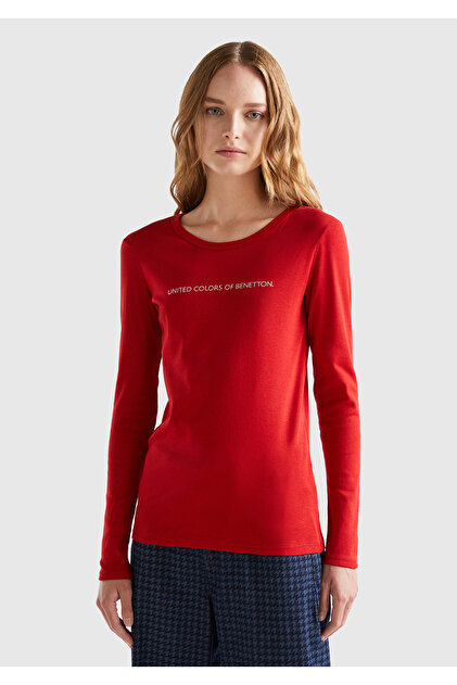UNITED COLORS OF BENETTON レディース　Tシャツ　46 United Colors of Benetton Kadın Kırmızı Basic Bisiklet Yaka Uzun