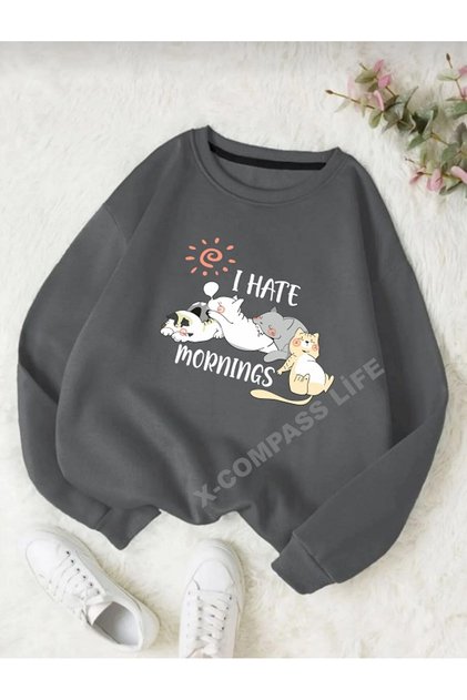 Women'S/Girls' Swıt Crew Neck Sweatshirt with Sleeping Cat Prints