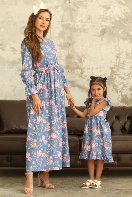 Hijab Blue-Pink Rose Waist-Ruched Mother-Daughter Set (SOLD SEPARATELY)