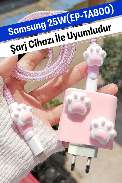 Samsung 25W (EP-TA800) Uyumlu Şarj Başlığı Adaptörü Koruma Kablo Koruyucu 5'li Koruma Kılıfı