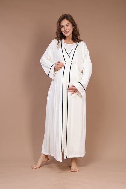 Women's Ecru Winter Design Full Length 100% Cotton Maternity Maternity Dressing Gown Nightgown Set