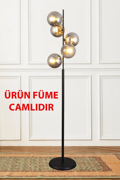 Nida 5 Li Siyah Gold Füme Camlı Lambader