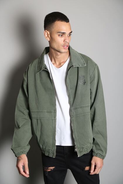 Oversize Khaki Printed Men's Zippered Bomber Jeans Jacket