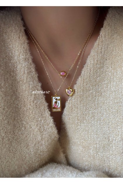 Pembe Tarot Kart Ve Zirkon Taşlı Kalp Gold Zincir Kolye Kombin