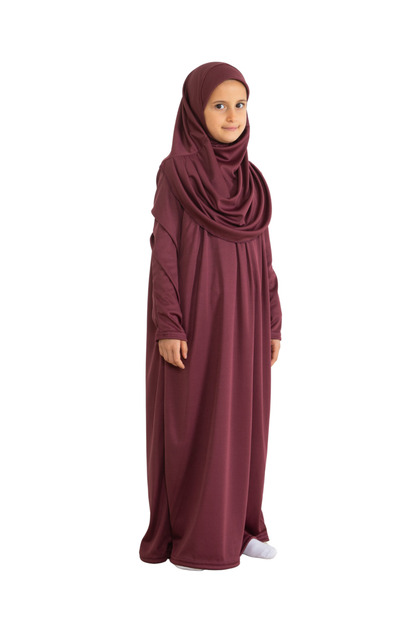 Two Pieces Kids Prayer Dress Set Suit with Scarf, Islamic Clothing Suit for Girls - Cherry