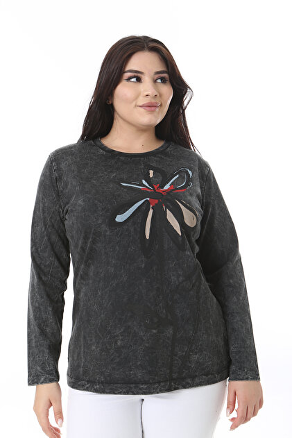 Women's Plus Size Anthracite Washing Effect Printed Sweatshirt 65N38631