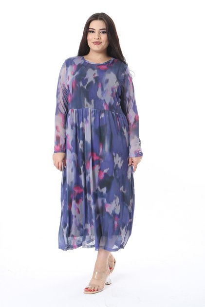 Women's Plus Size Color Waist Gathered Lined Tulle Dress 65N38577