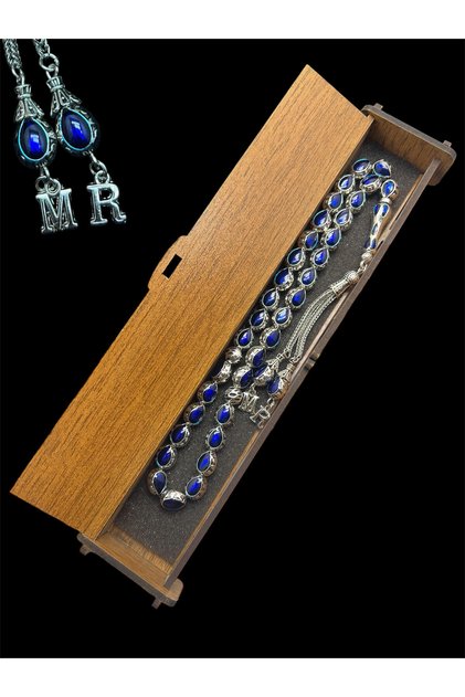 Blue Enamel Metal Prayer Beads, Wooden Box Detailed Prayer Beads, Lettered Prayer Beads