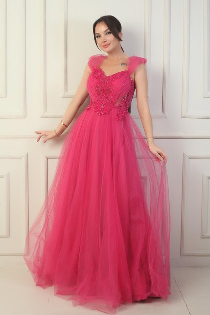 Women's Front Back V Neck Lined Low Sleeves Top Applique Embroidery Princess Evening Dress