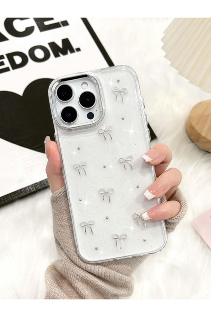 iPhone 16 Pro uyumlu Fiyonk Desenli Şeffaf Kılıf Simli Darbeye Karşı Dayanıklı Kapak
