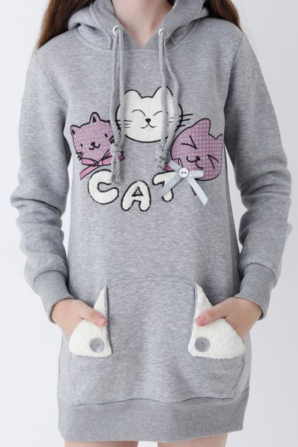 Young Girl Gray Cat Printed Hooded Cotton Sweatshirt
