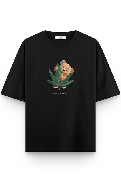 Overoz Teddy Bear Stay High Baskılı Yarı Oversize Siyah Sweatshirt