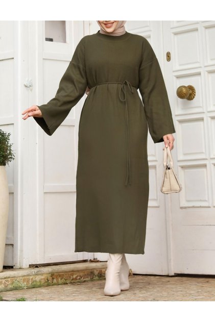 Lace-Up Long Crew Neck Knitwear Dress