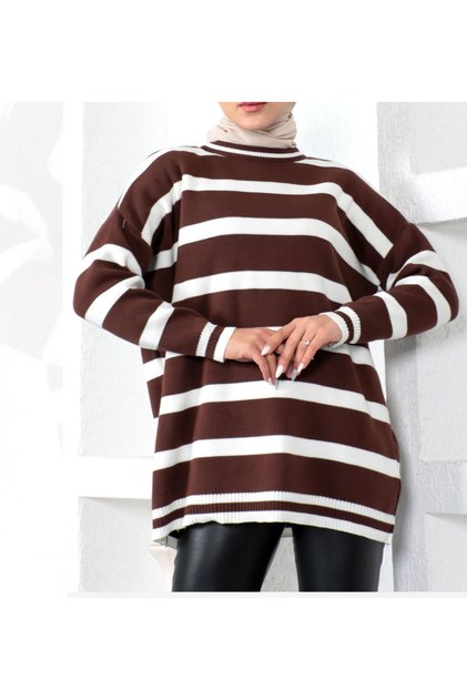 Standard Size Striped Long Sleeve Knitwear Tunic