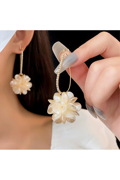 Stylish Convenient Gold Color Gold Earrings with Floral Flower Motif and Dangle Stones