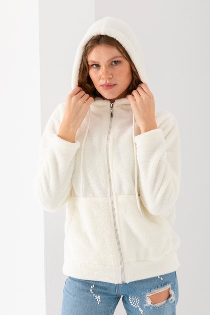 Women's Ecru Long Sleeve Hooded Unlined Plush Jacket