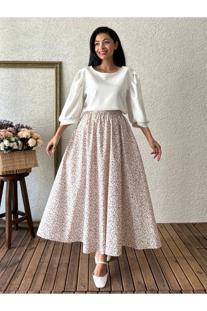 Ecru-Purple Mixed Floral Flared Poplin Skirt
