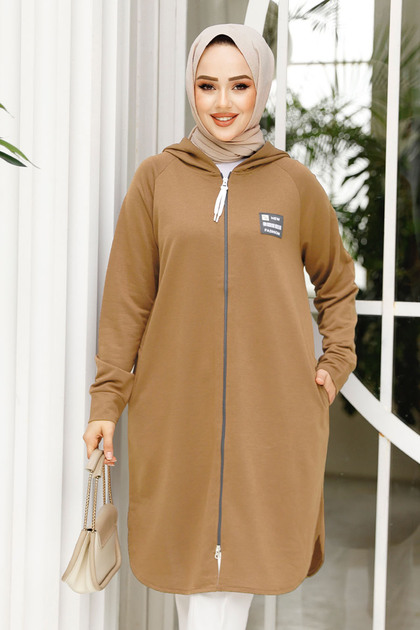 Neva Style Fermuarlı Camel Tesettür Sweatshirt 30157C - Fiyatı
