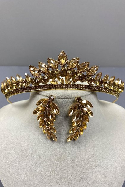 Honey Color Leyn Bridal Henna Crown and Leaf Jewelled Earring Set
