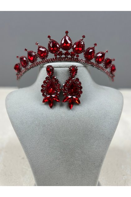 Neri Model Wedding Henna Costume Crown and Shuttle Drop Earring Set Red