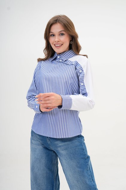 Women's Special Design Collar Sleeve Buttoned Striped Trim Blouse Height Cotton Shirt