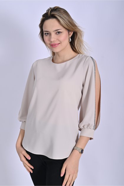 Small and Large Size Blouse with Open Sleeves Stone Detail